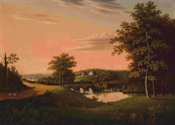 Painting featuring a body of water, a bridge and a pink sky